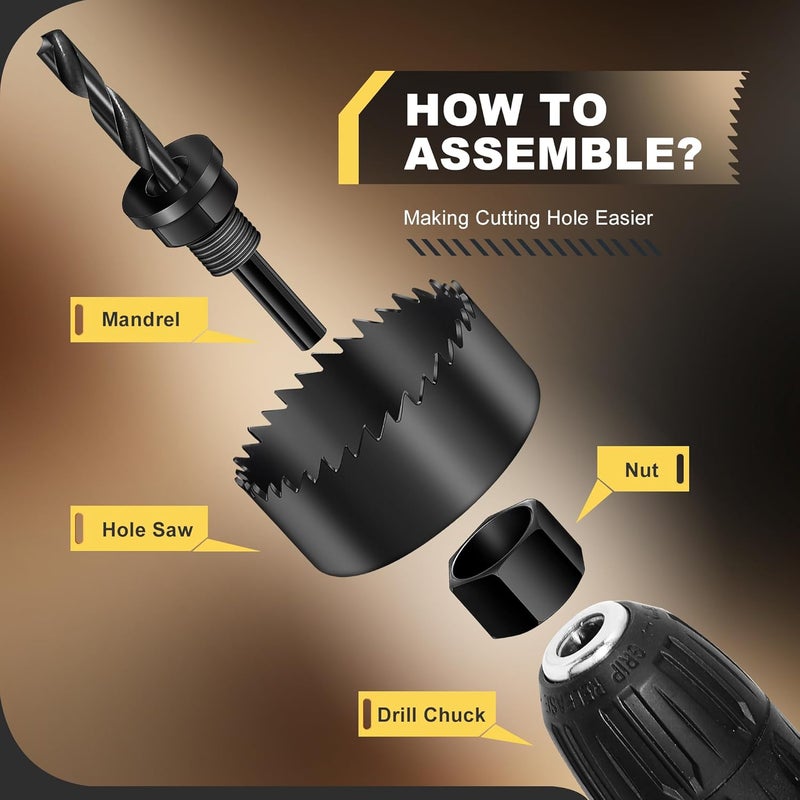 SkyStage 6PCS Hole Saw Kit, Hole Saw Set Includes 4 Sizes 1-1/4" to 2-1/8"(32-54mm), Mandrels and Hex Key，High Quality Hard Carbon Steel Hole Saw for Soft Wood, PVC Board, Plywood - Image 5